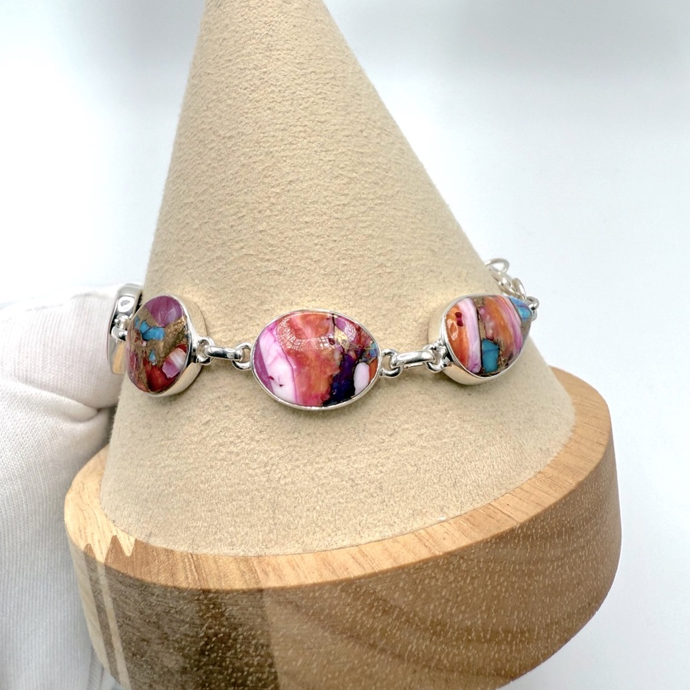 Pink Oyster Turquoise .925 Sterling Silver Bracelet - Picture 7 of 16
